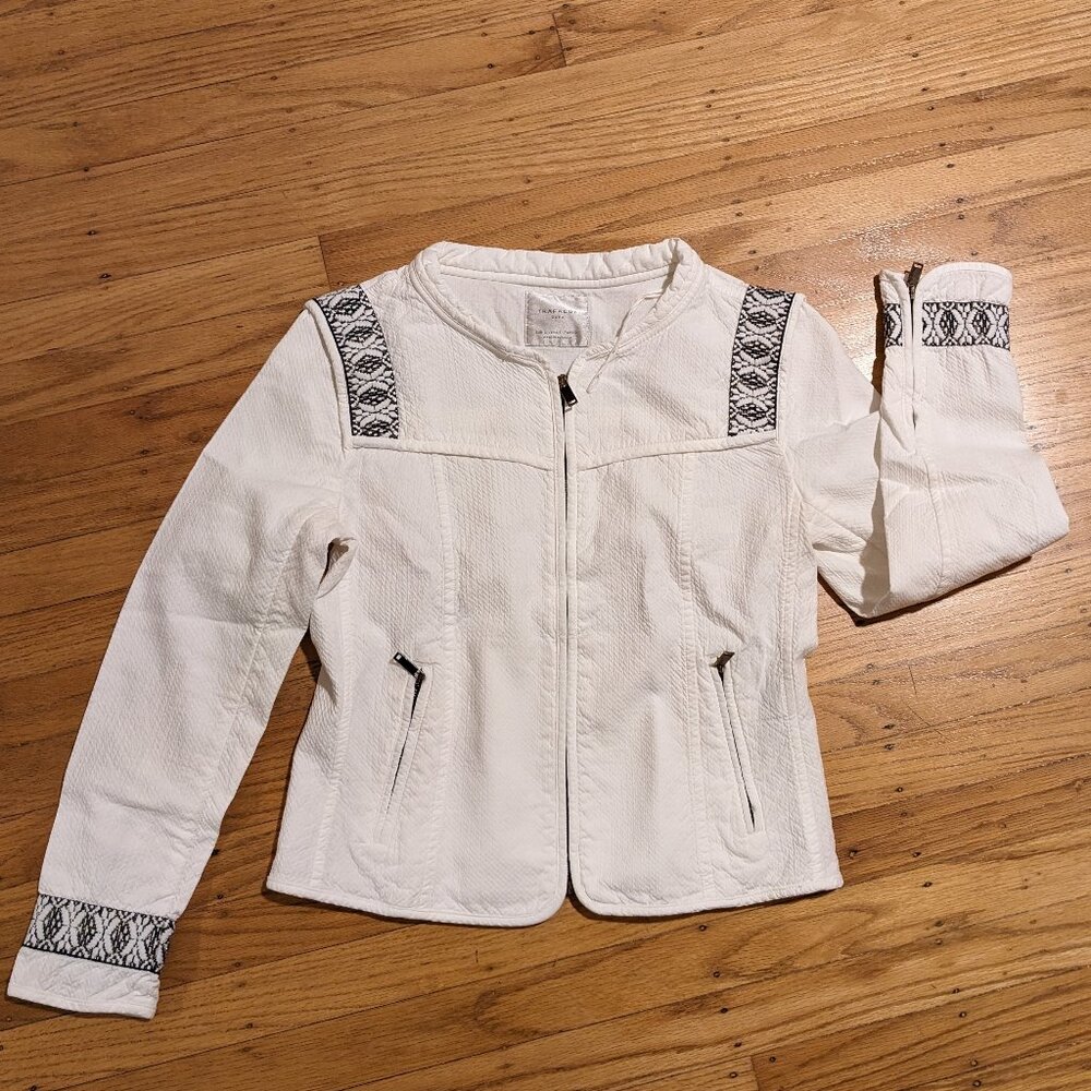 ZARA White Seersucker Fitted Zip Jacket, Folklore Embroidered Ribbon Accents - M